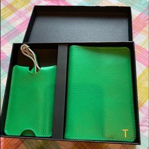 Green Leather Passport and Luggage Tag  Letter T